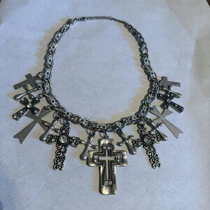 Large Cross Charm Chain Statement Necklace Silver